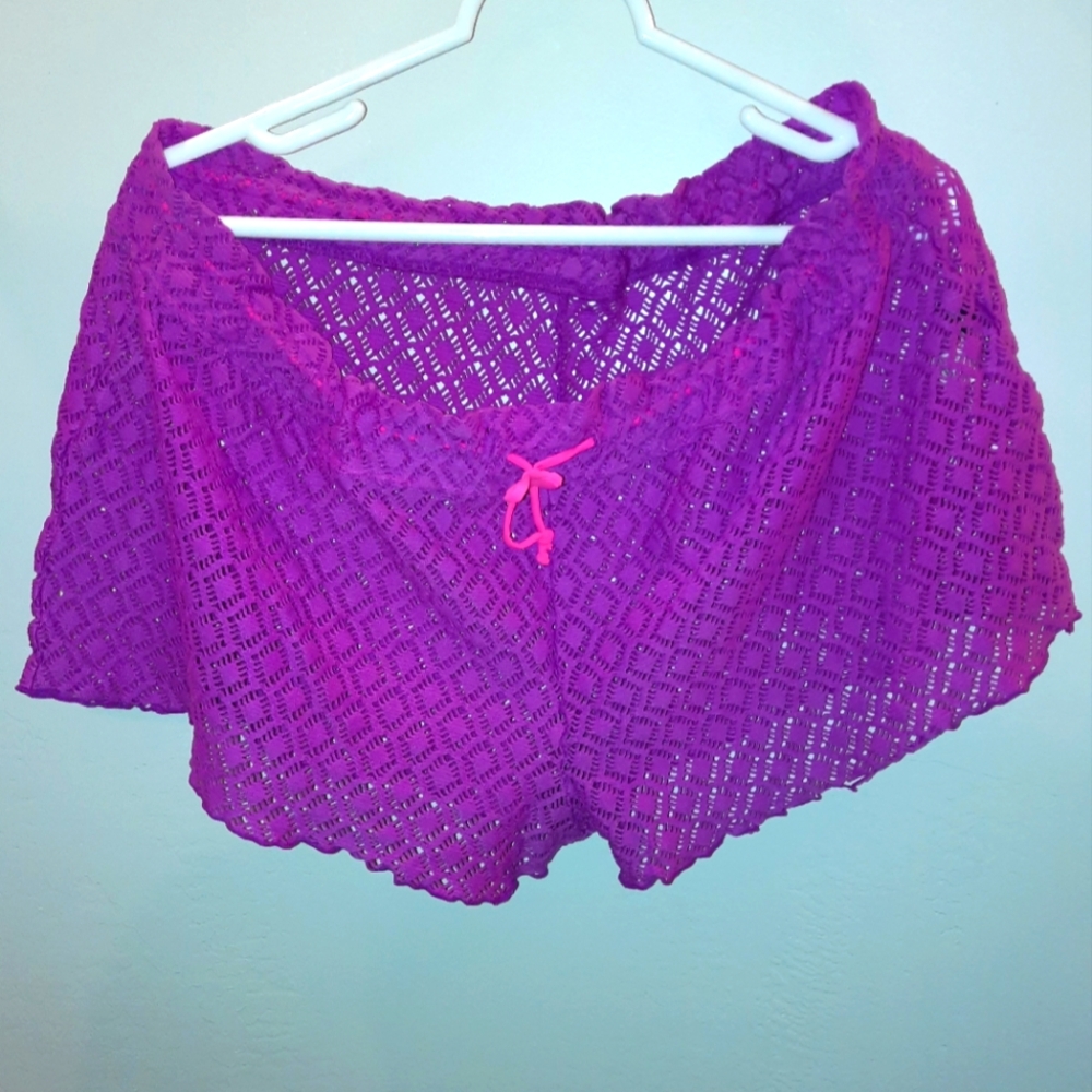 $ Cover Up Swim Shorts Fuschia Crochet like with drawstring waistband size XXL